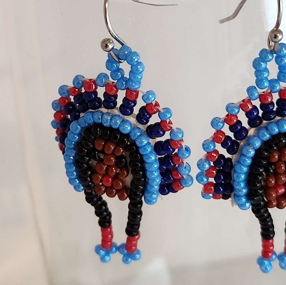 Handmade Native American Earrings Headdress Blue Red Brown Beaded Pierced - Picture 6 of 6